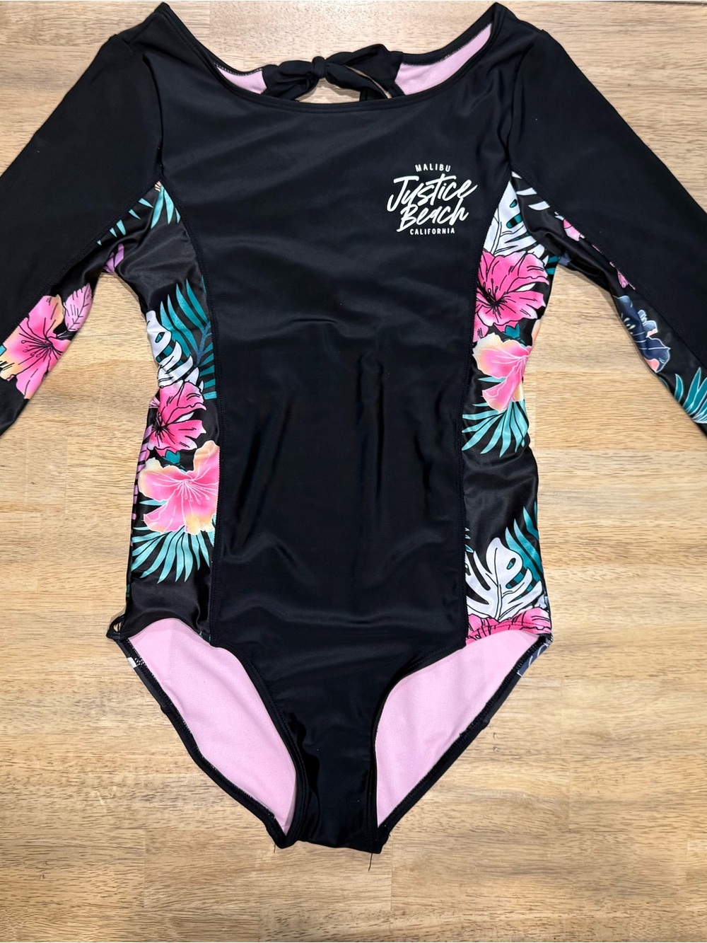 Justice Girls Black & Pink One Piece Rash Guard Swimsuit XL 16/18